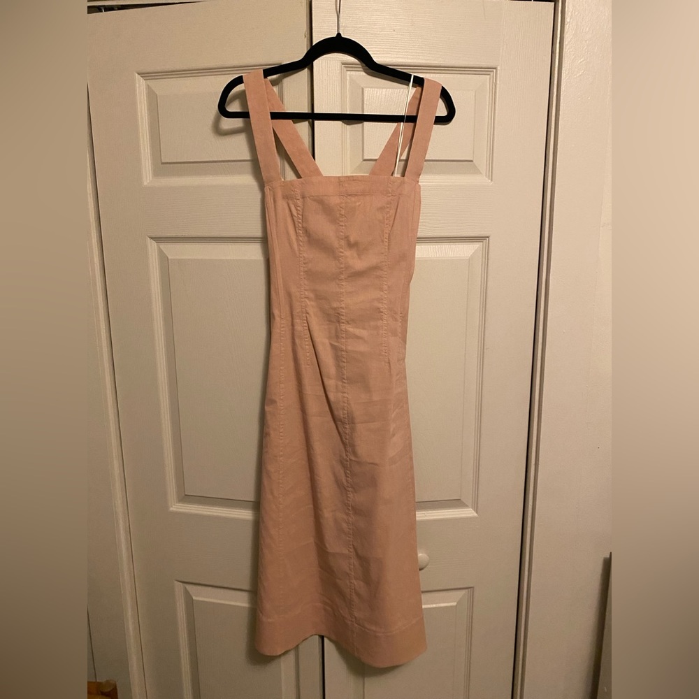 Theory Pink Structured Cross-Back Square Neck Linen Blend Midi Dress- Size 6